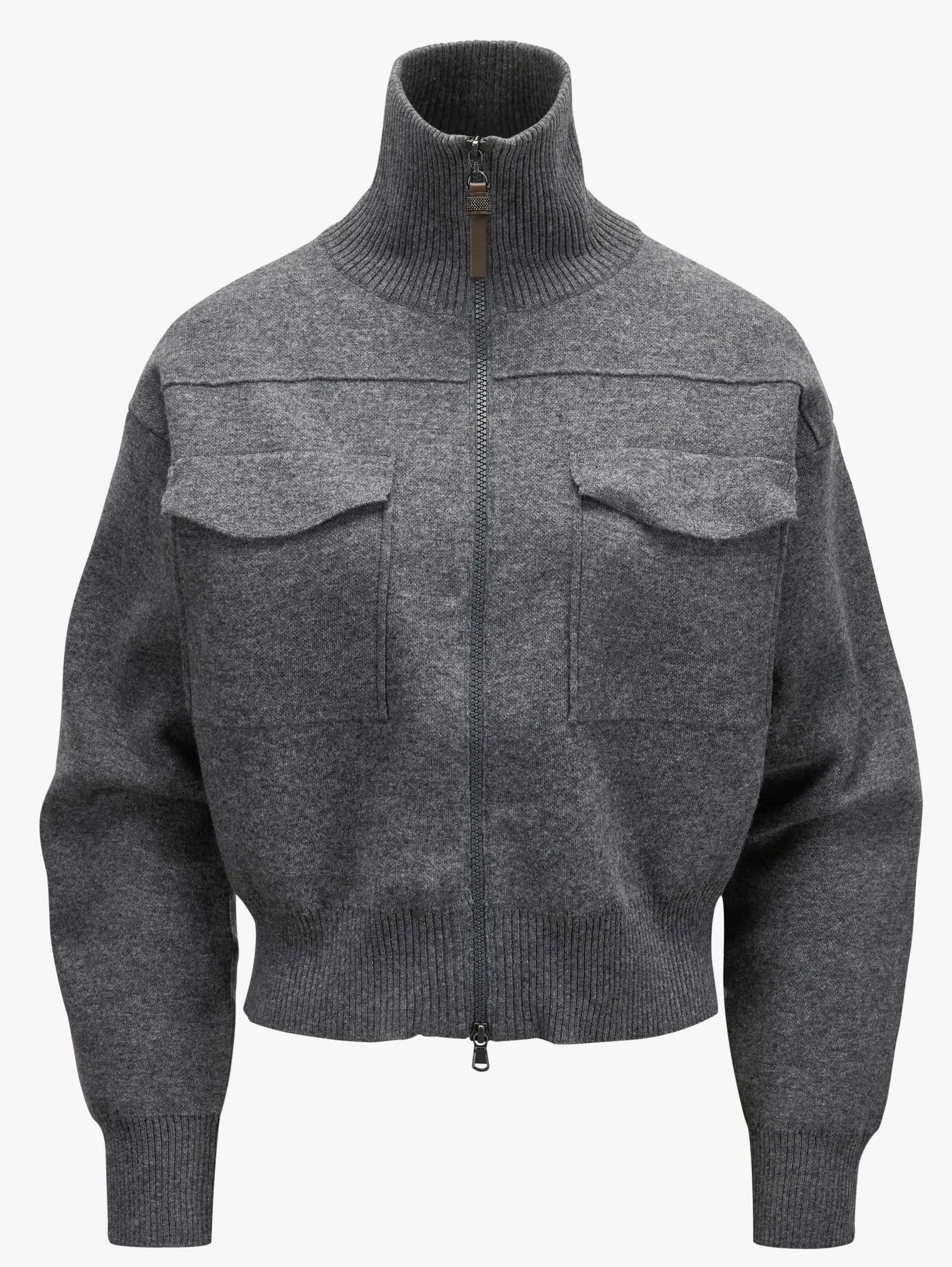 Grey Cashmere Knit Jacket with Zipper Pull - Jackets