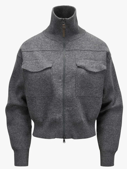 Grey Cashmere Knit Jacket with Zipper Pull - Jackets