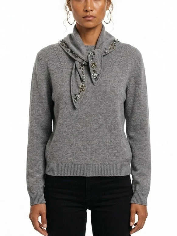 Grey Cashmere Sweater with Crystal Embellished Scarf - Sweaters & Knitwear