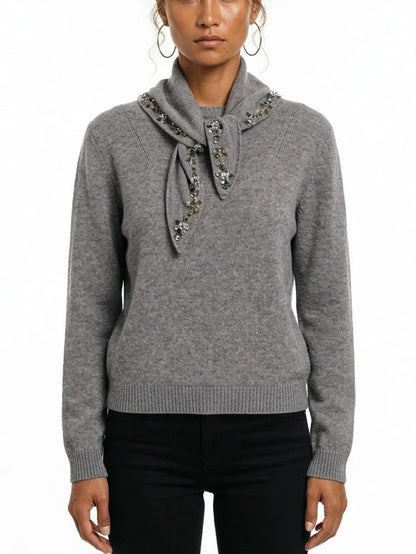 Grey Cashmere Sweater with Crystal Embellished Scarf - Sweaters & Knitwear