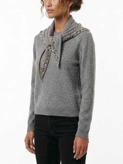Grey Cashmere Sweater with Crystal Embellished Scarf - Sweaters & Knitwear