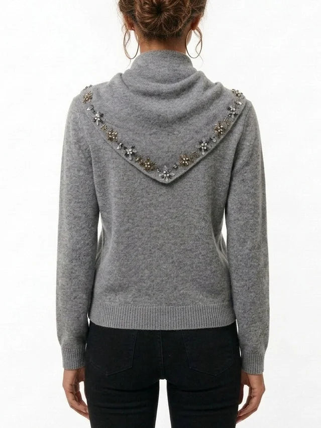 Grey Cashmere Sweater with Crystal Embellished Scarf - Sweaters & Knitwear
