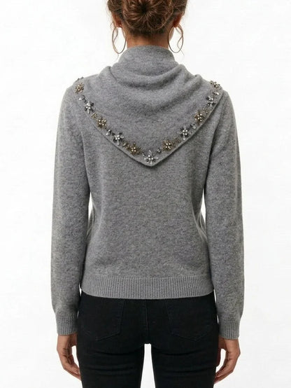 Grey Cashmere Sweater with Crystal Embellished Scarf - Sweaters & Knitwear