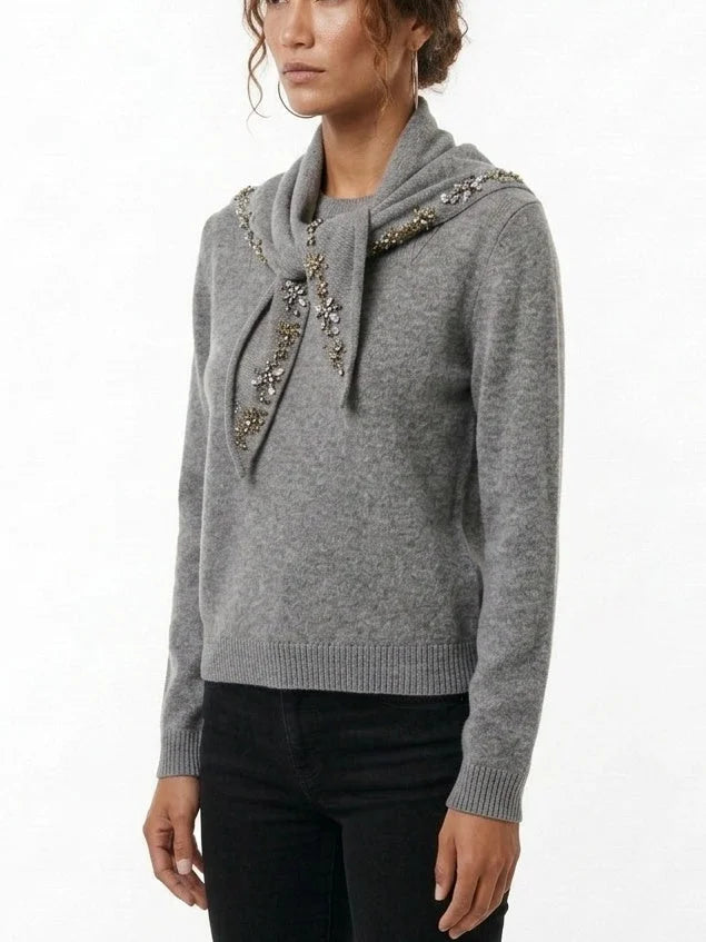 Grey Cashmere Sweater with Crystal Embellished Scarf - Sweaters & Knitwear