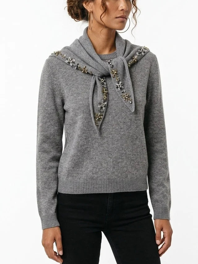 Grey Cashmere Sweater with Crystal Embellished Scarf - Sweaters & Knitwear