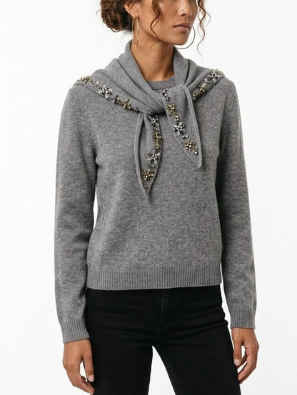 Grey Cashmere Sweater with Crystal Embellished Scarf - Sweaters & Knitwear
