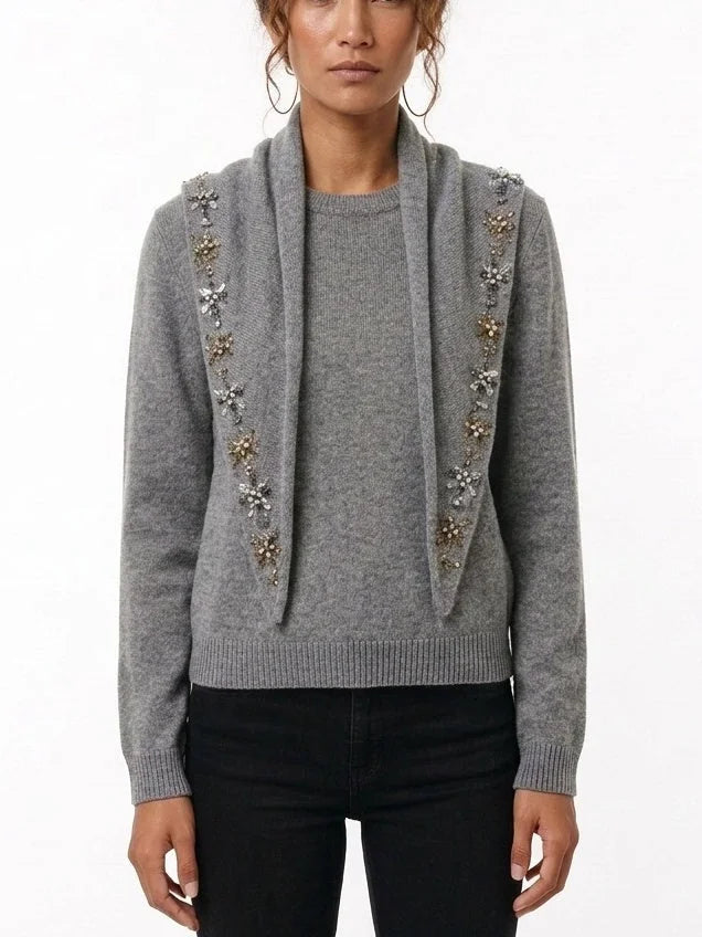 Grey Cashmere Sweater with Crystal Embellished Scarf - Sweaters & Knitwear