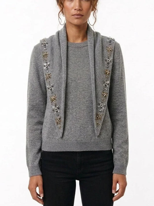 Grey Cashmere Sweater with Crystal Embellished Scarf - Sweaters & Knitwear