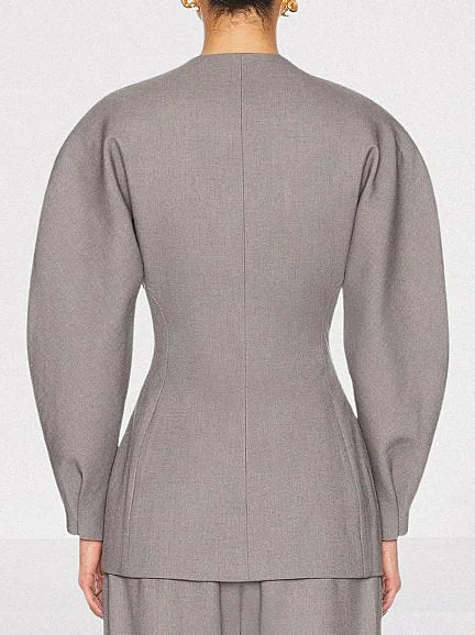 Grey Double-Breasted Balloon-Sleeve Blazer - Jackets