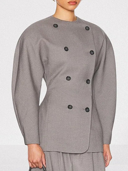 Grey Double-Breasted Balloon-Sleeve Blazer - Jackets