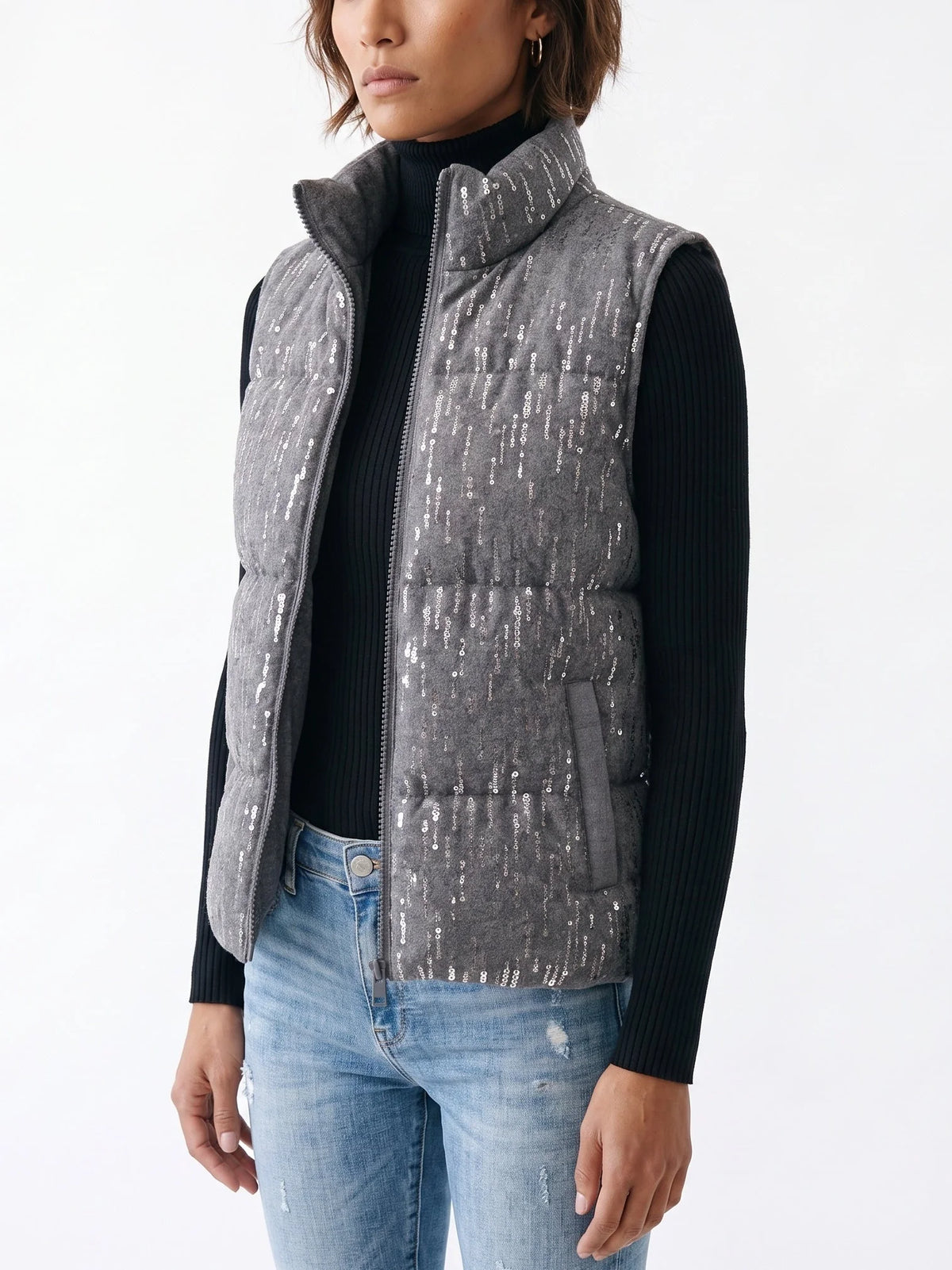 Grey Quilted Vest with Sequin Detailing - Jackets