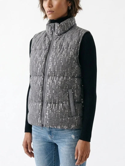 Grey Quilted Vest with Sequin Detailing - Jackets