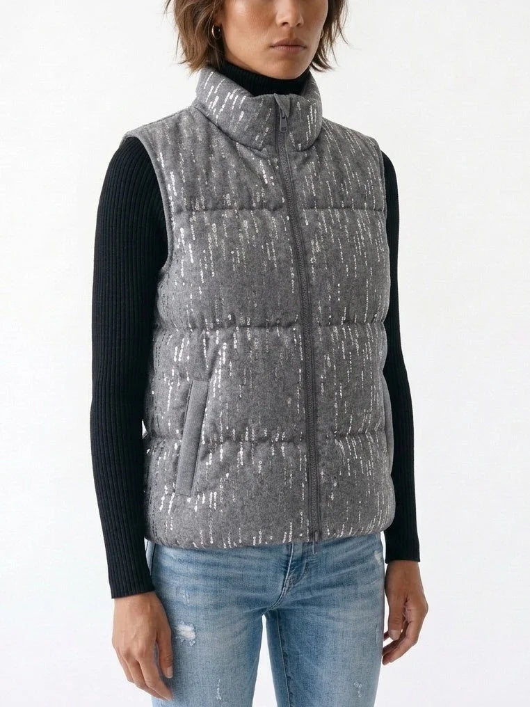 Grey Quilted Vest with Sequin Detailing - Jackets