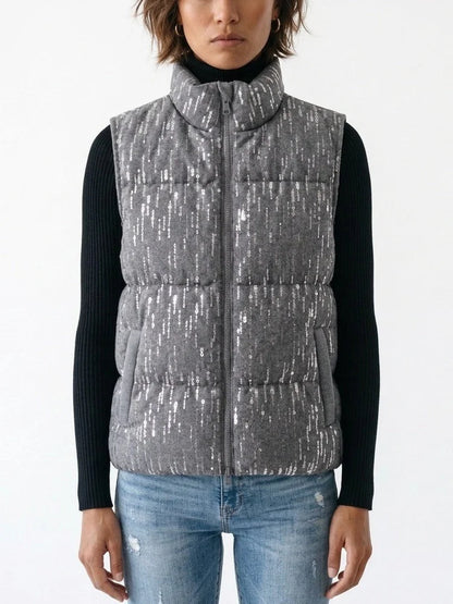 Grey Quilted Vest with Sequin Detailing - Jackets