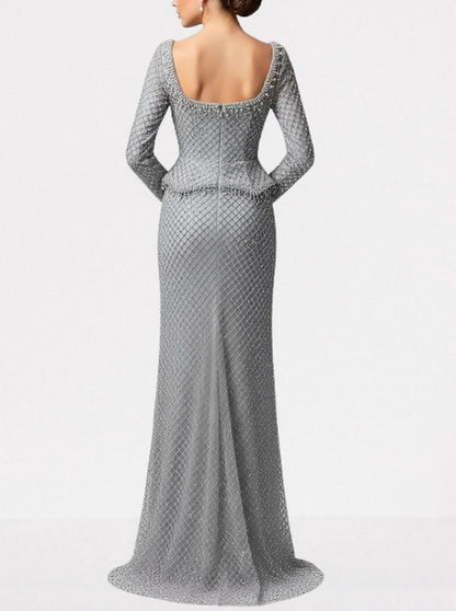 Grey Rhinestone Peplum Evening Gown - Dresses