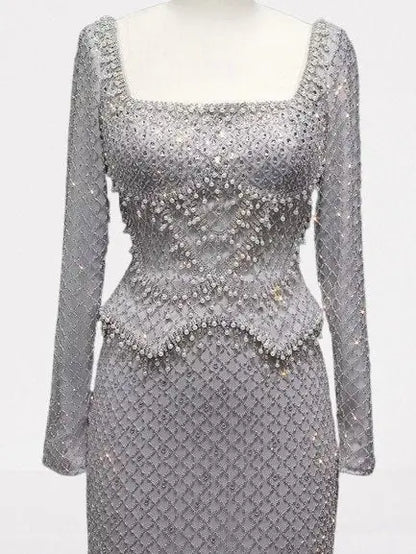 Grey Rhinestone Peplum Evening Gown - Dresses