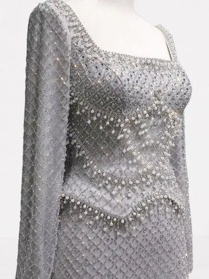 Grey Rhinestone Peplum Evening Gown - Dresses
