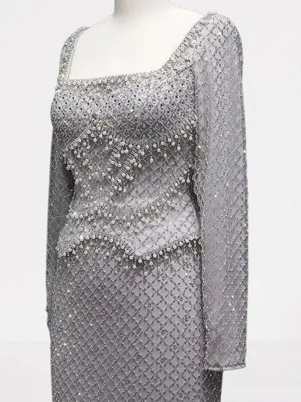 Grey Rhinestone Peplum Evening Gown - Dresses