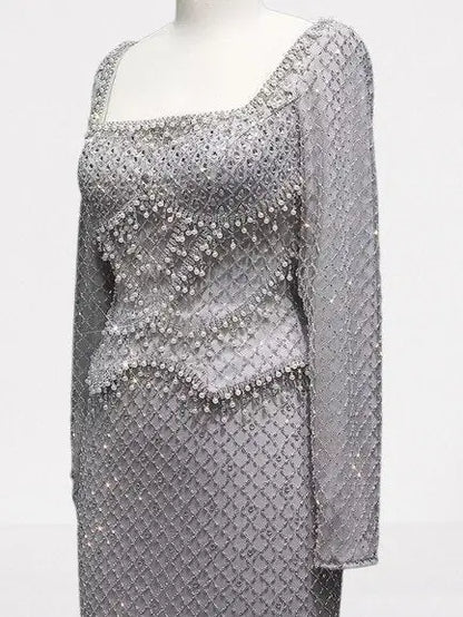 Grey Rhinestone Peplum Evening Gown - Dresses