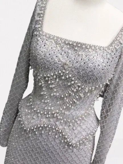 Grey Rhinestone Peplum Evening Gown - Dresses