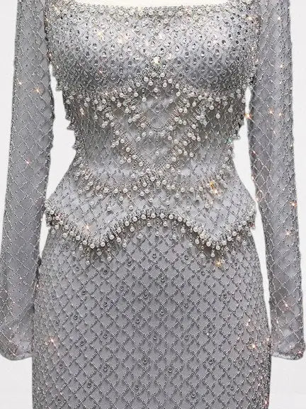 Grey Rhinestone Peplum Evening Gown - Dresses