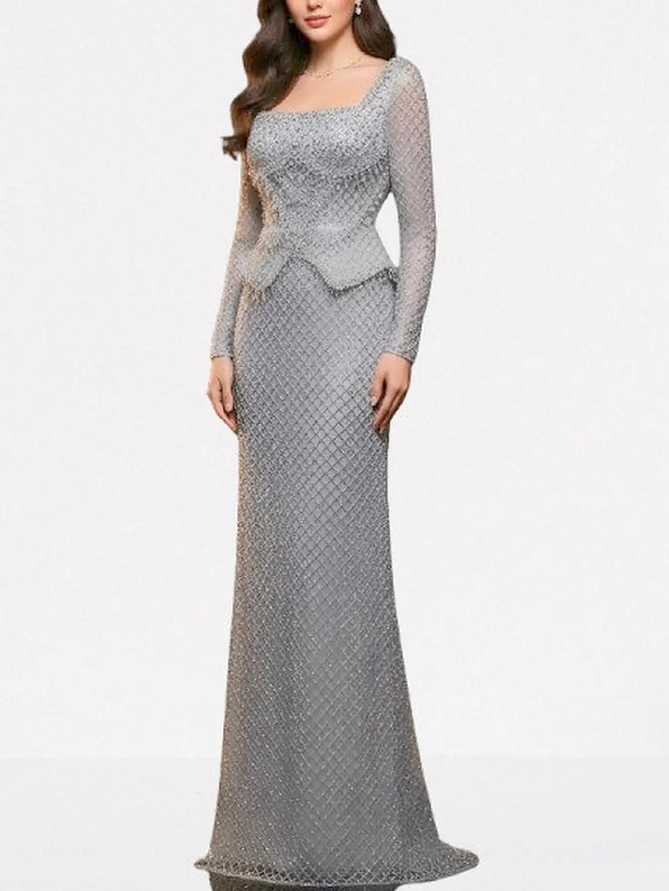 Grey Rhinestone Peplum Evening Gown - Dresses