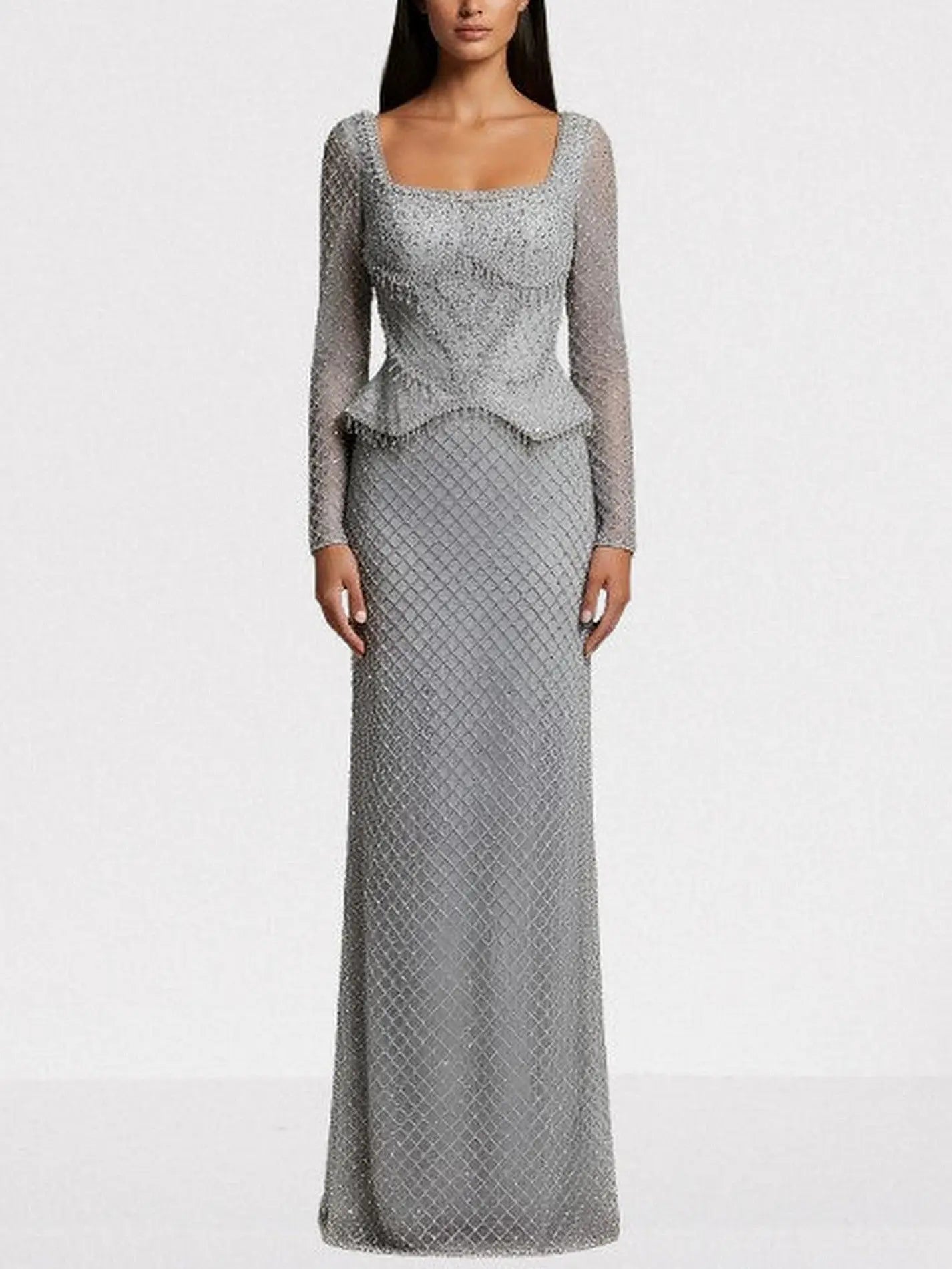 Grey Rhinestone Peplum Evening Gown - S - Dresses