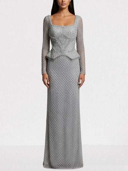 Grey Rhinestone Peplum Evening Gown - S - Dresses