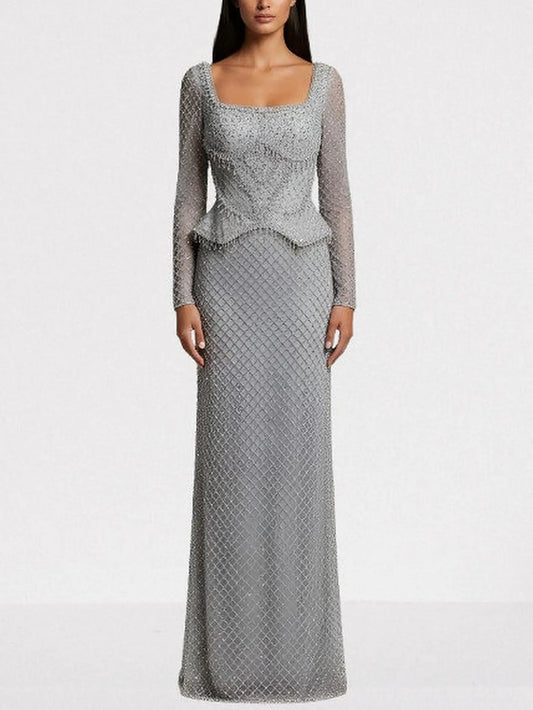Grey Rhinestone Peplum Evening Gown - S - Dresses