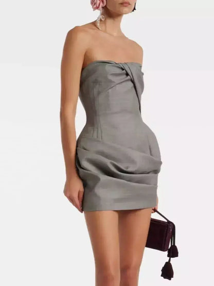 Grey Strapless Draped Ruched Mini Dress - Dresses