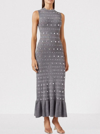 Grey Stretch Knit Stud Embellished Dress Dresses