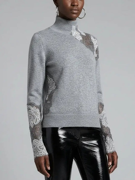 Grey Turtleneck Sweater with Sheer Lace Panels - Sweaters & Knitwear