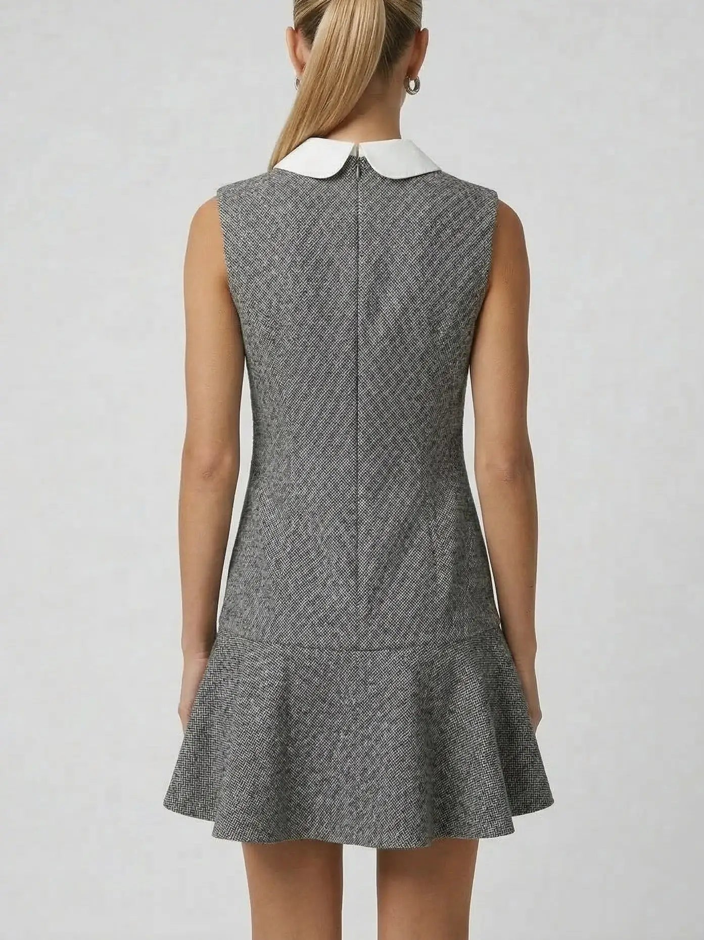 Grey Tweed Mini Dress with Collar & Bow - Dresses