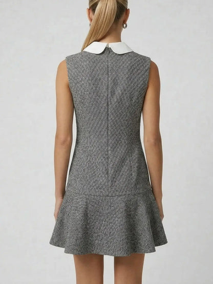 Grey Tweed Mini Dress with Collar & Bow - Dresses