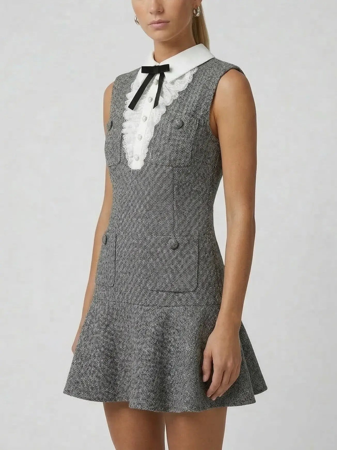Grey Tweed Mini Dress with Collar & Bow - Dresses