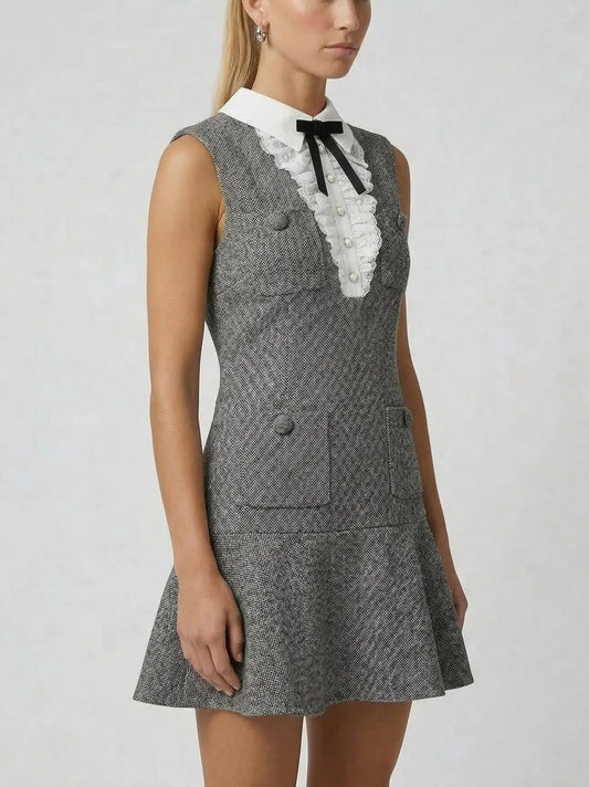 Grey Tweed Mini Dress with Collar & Bow - Dresses
