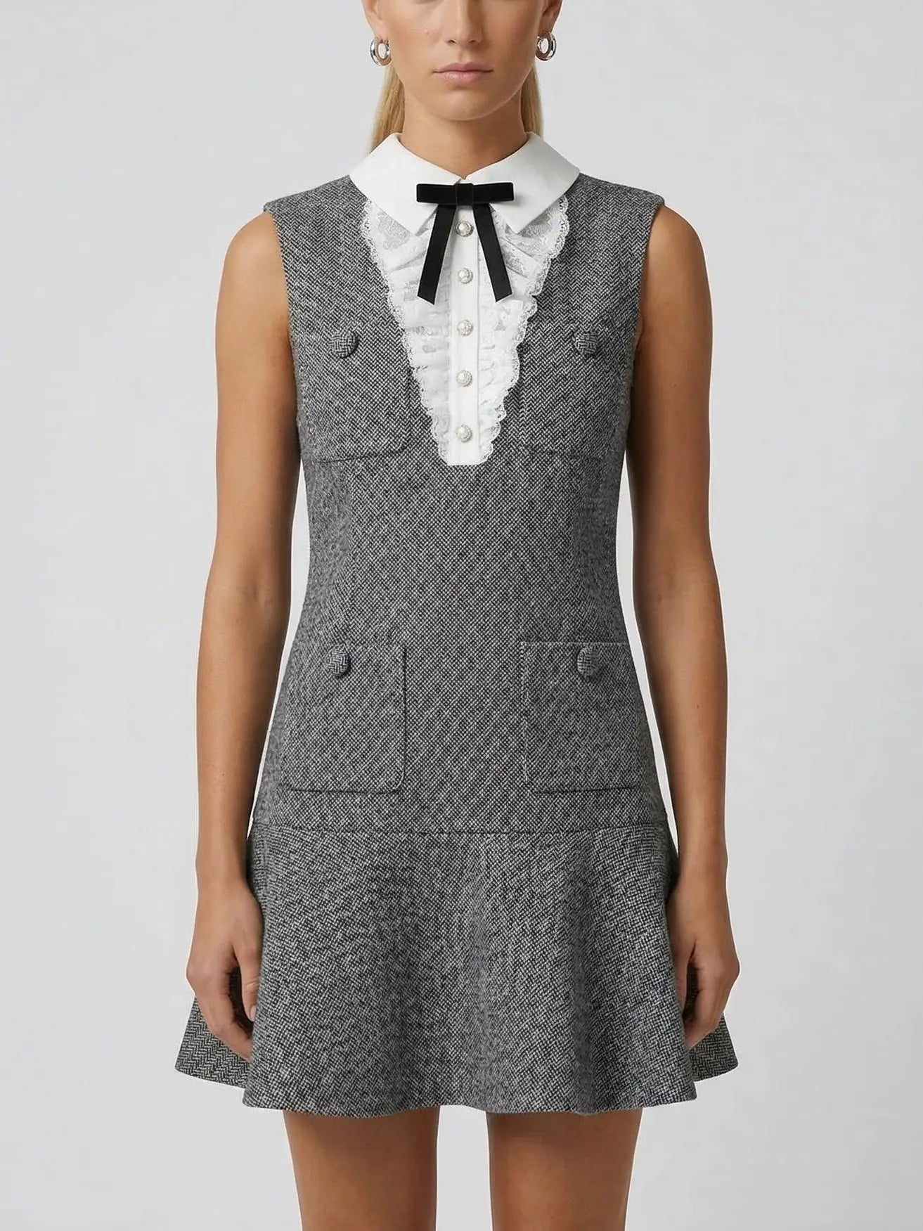 Grey Tweed Mini Dress with Collar & Bow - Dresses