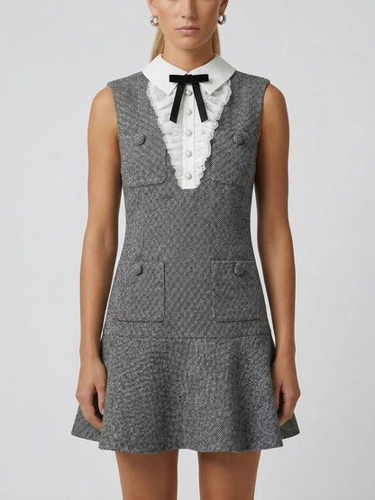 Grey Tweed Mini Dress with Collar & Bow - Dresses