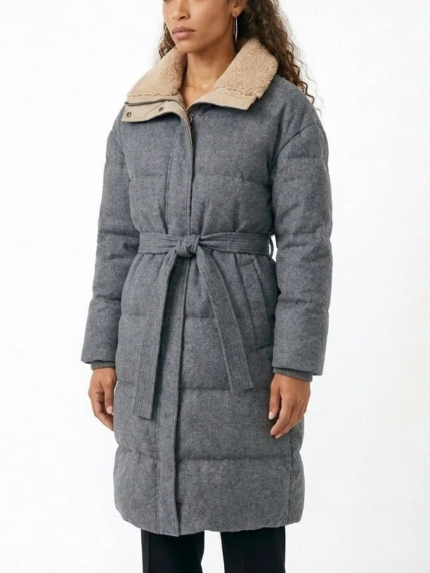 Grey Virgin Wool Down Puffer Coat with Shearling Collar - Coats