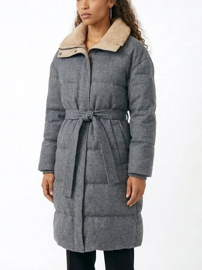 Grey Virgin Wool Down Puffer Coat with Shearling Collar - Coats