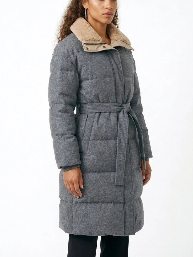 Grey Virgin Wool Down Puffer Coat with Shearling Collar - Coats