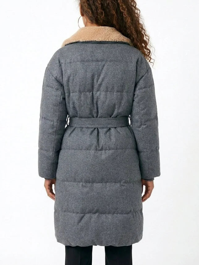Grey Virgin Wool Down Puffer Coat with Shearling Collar - Coats