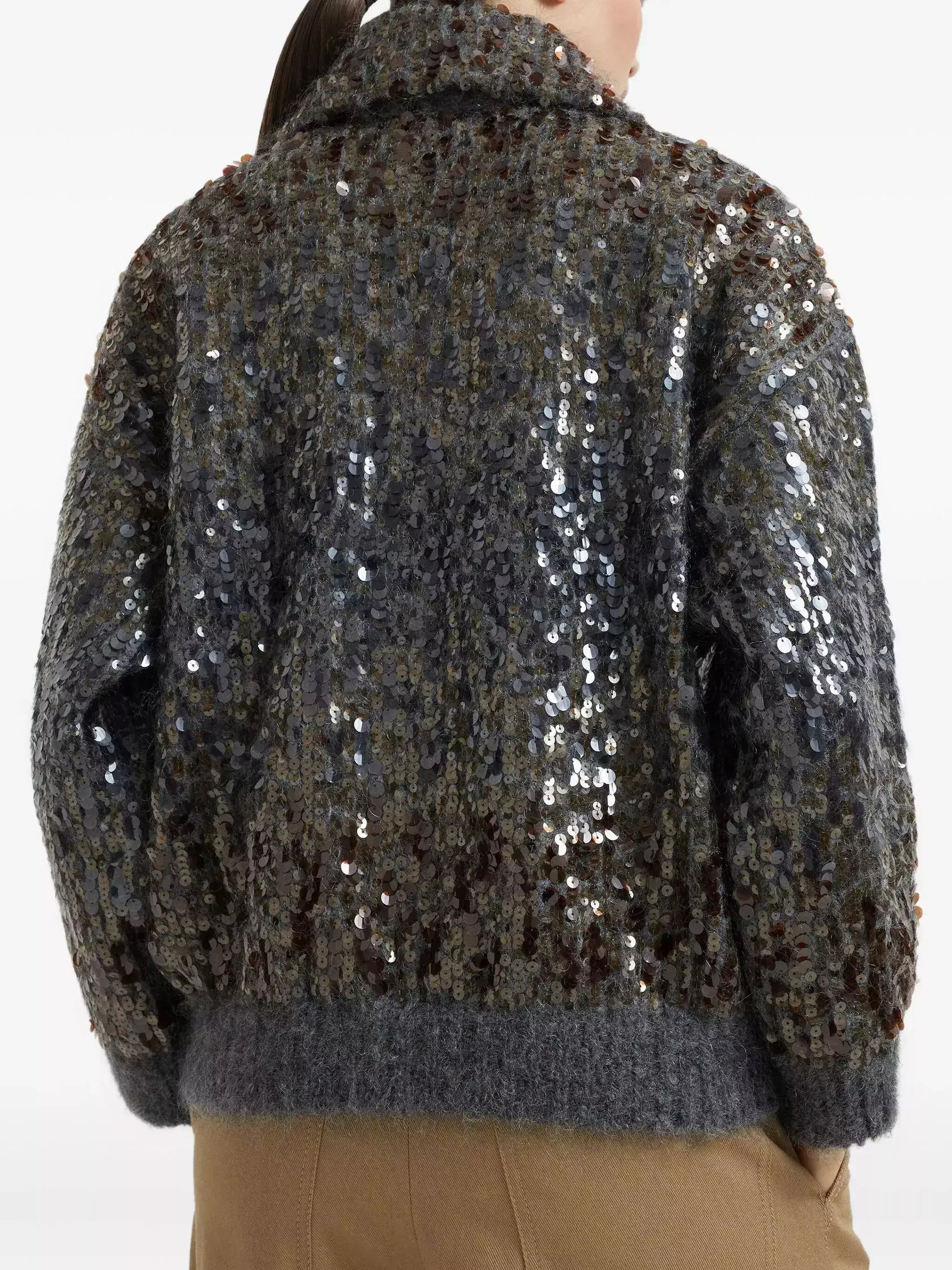 Grey Wool-Mohair Sequin Zip Cardigan Jacket - Jackets