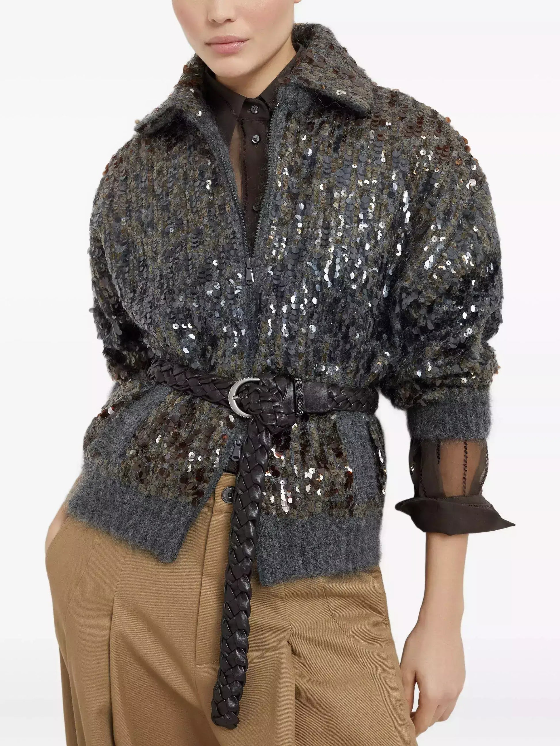 Grey Wool-Mohair Sequin Zip Cardigan Jacket - Jackets