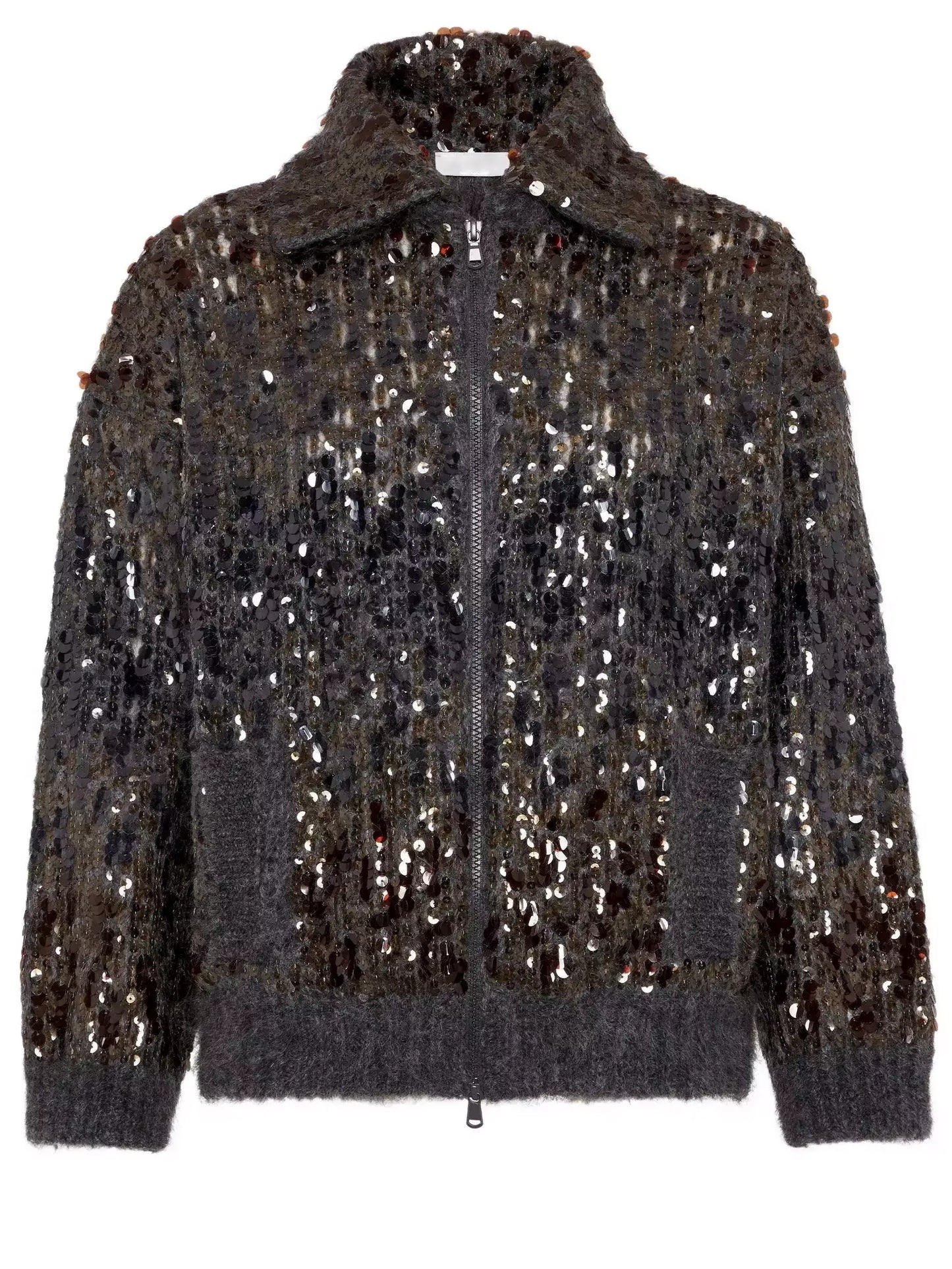 Grey Wool-Mohair Sequin Zip Cardigan Jacket - Jackets