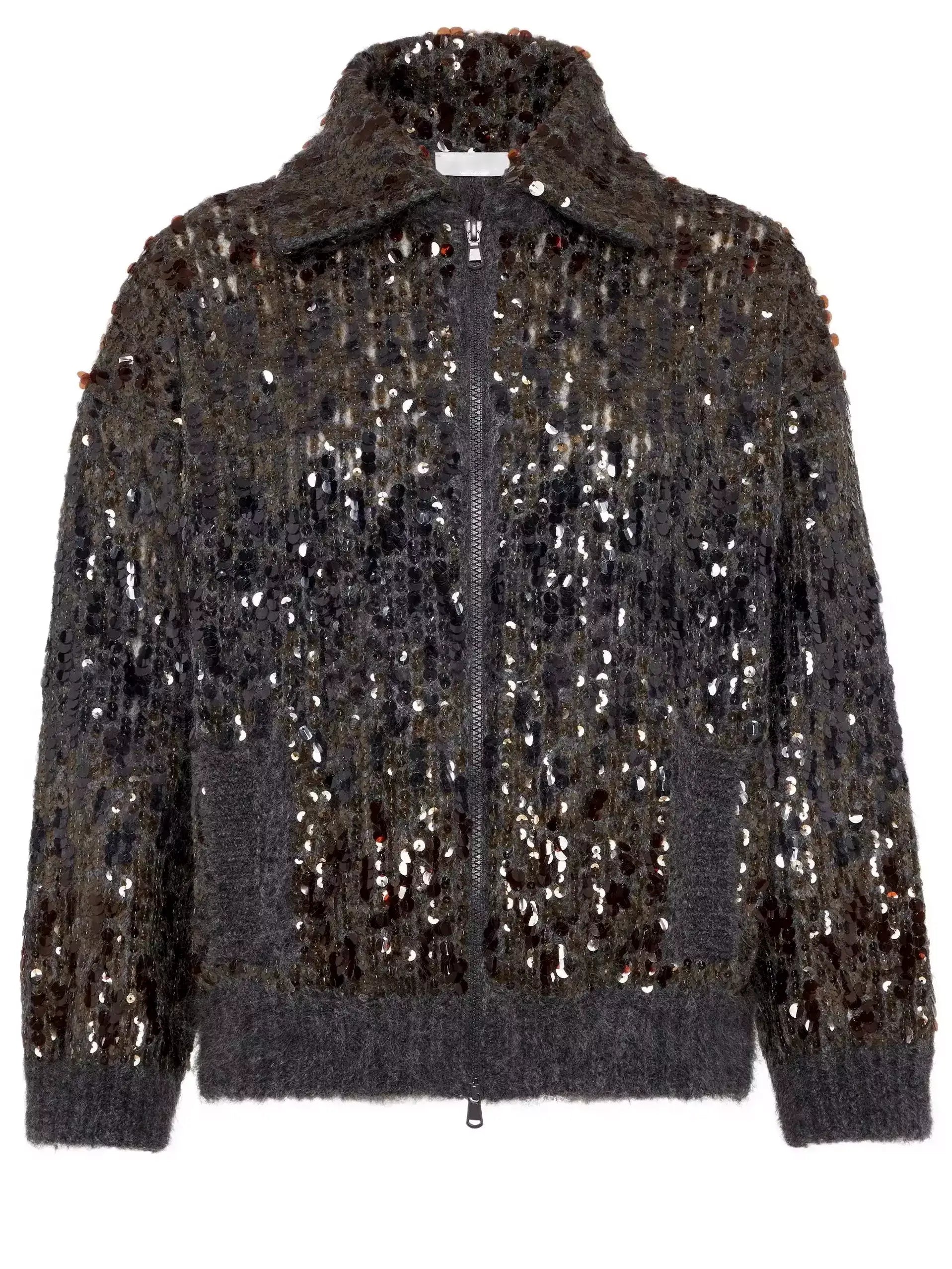 Grey Wool-Mohair Sequin Zip Cardigan Jacket - Jackets