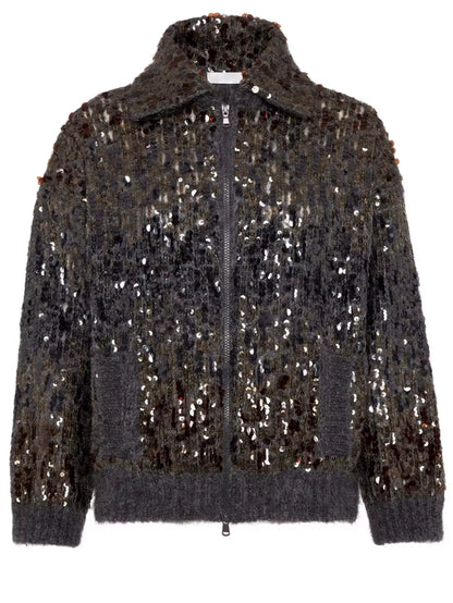Grey Wool-Mohair Sequin Zip Cardigan Jacket - Jackets