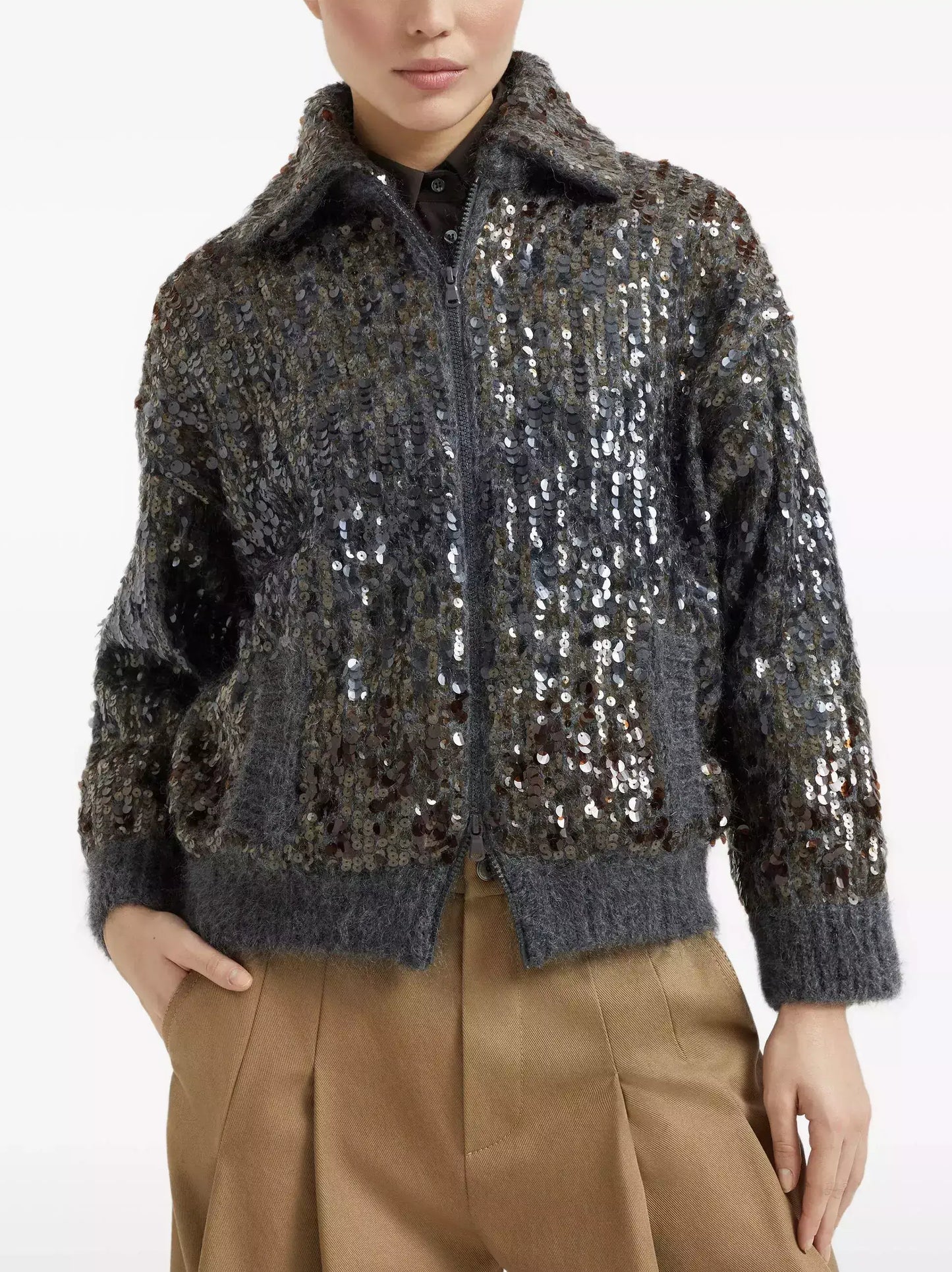 Grey Wool-Mohair Sequin Zip Cardigan Jacket - Jackets