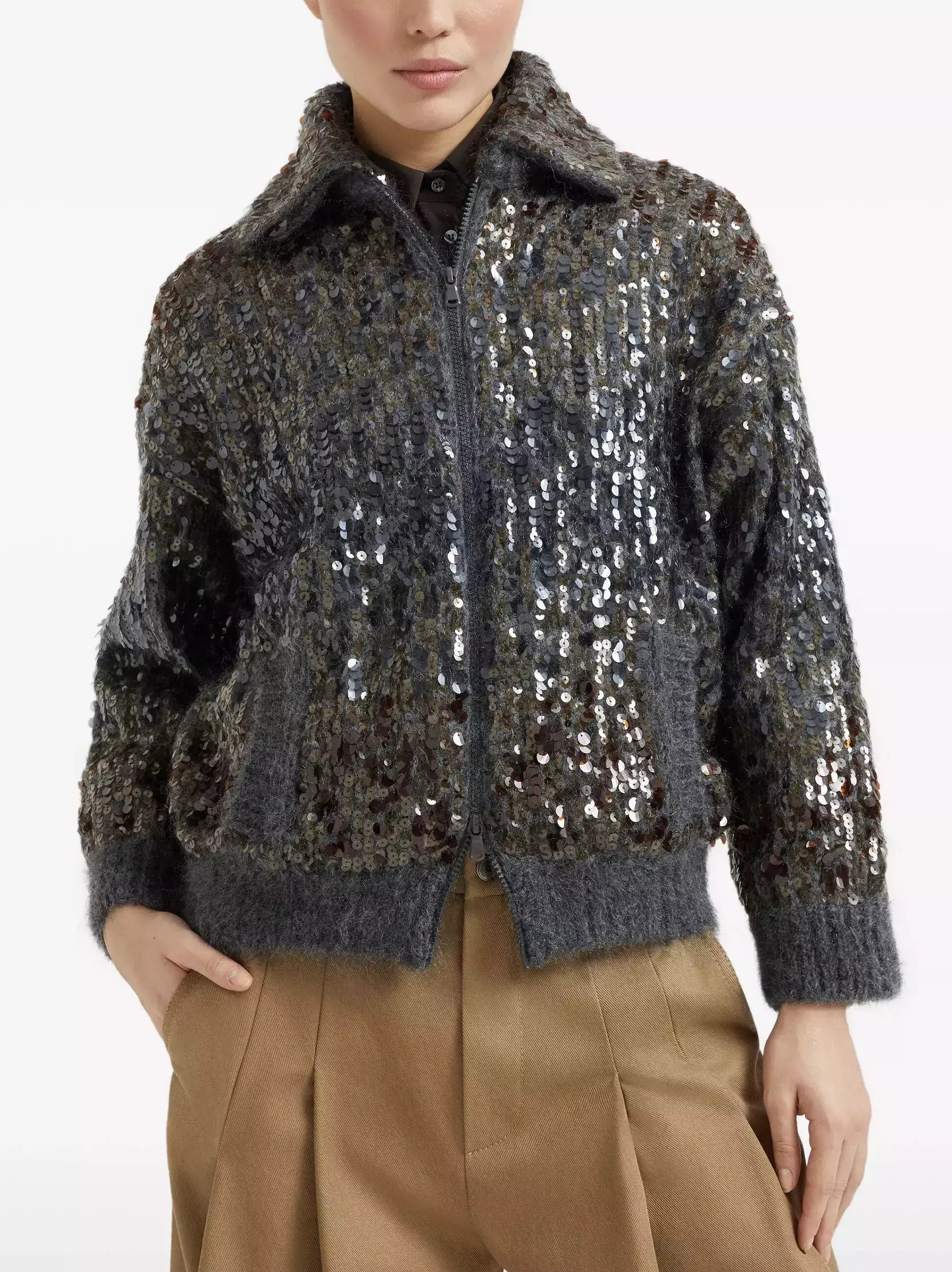 Grey Wool-Mohair Sequin Zip Cardigan Jacket - Jackets