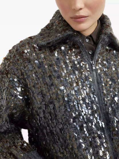 Grey Wool-Mohair Sequin Zip Cardigan Jacket - Jackets